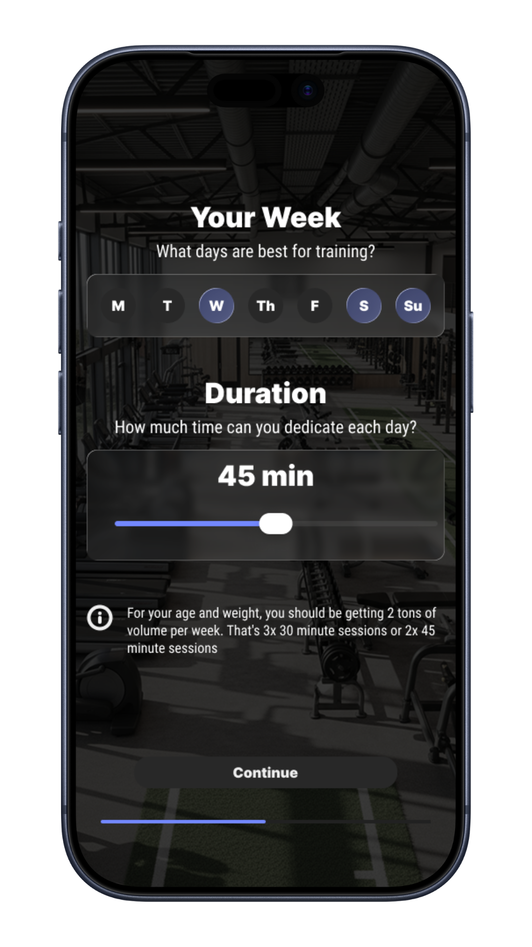 Phone screen showing Calibrex fitness app interface with training schedule and duration options.