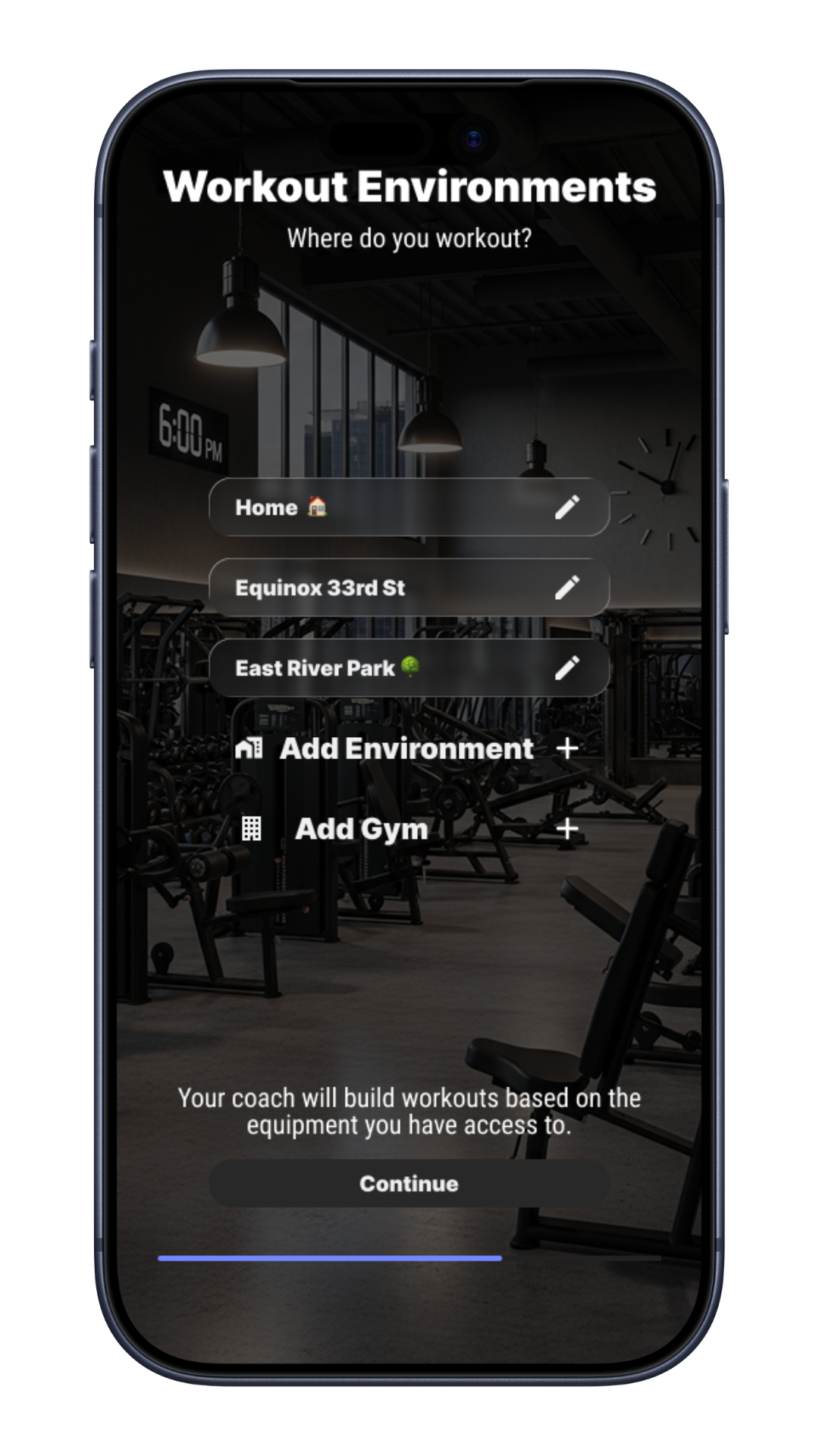 Calibrex app workout environment creation screen.