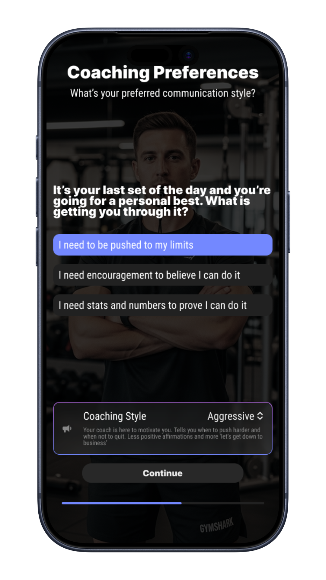Phone screen displaying Calibrex coaching preferences questionnaire with options for communication style.