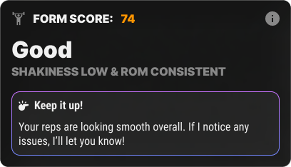 Calibrex scorecard with form score of 74, feedback on shakiness and ROM consistency, and encouragement to keep it up.