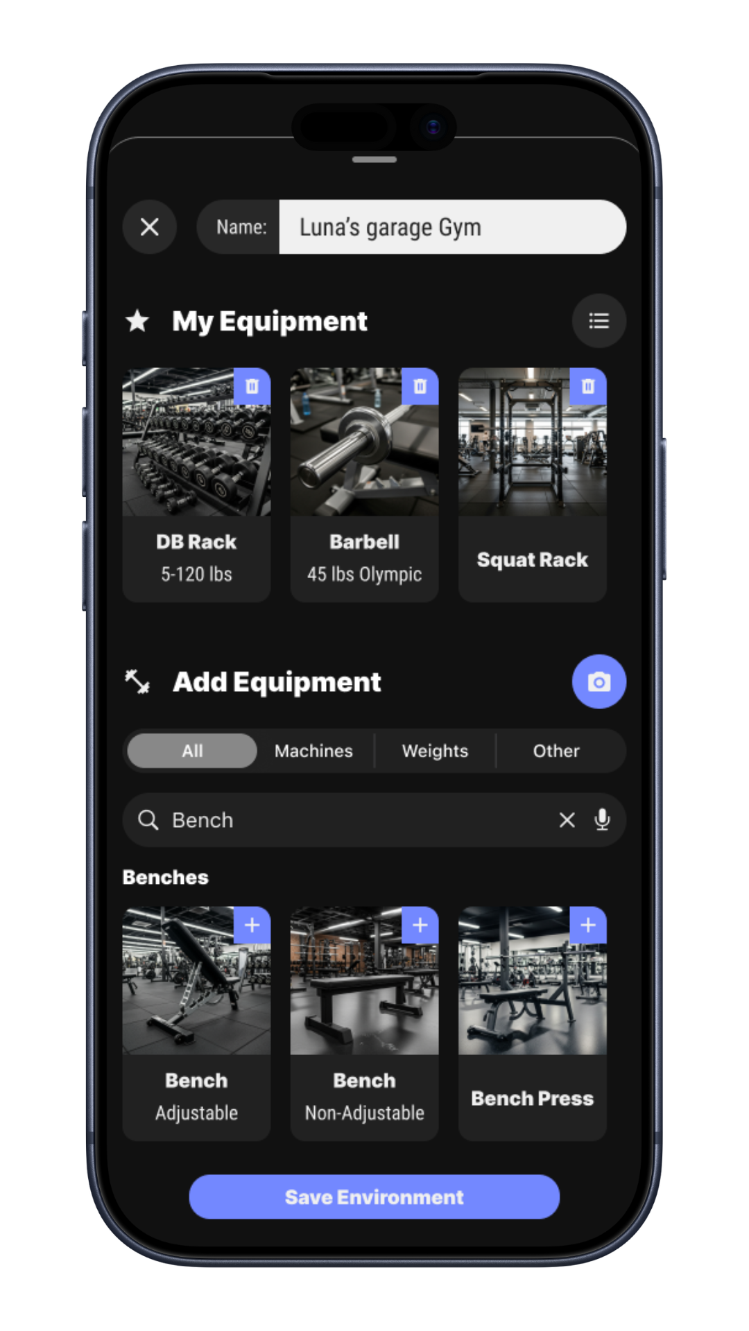 Calibrex app displaying gym equipment management with various fitness equipment images.