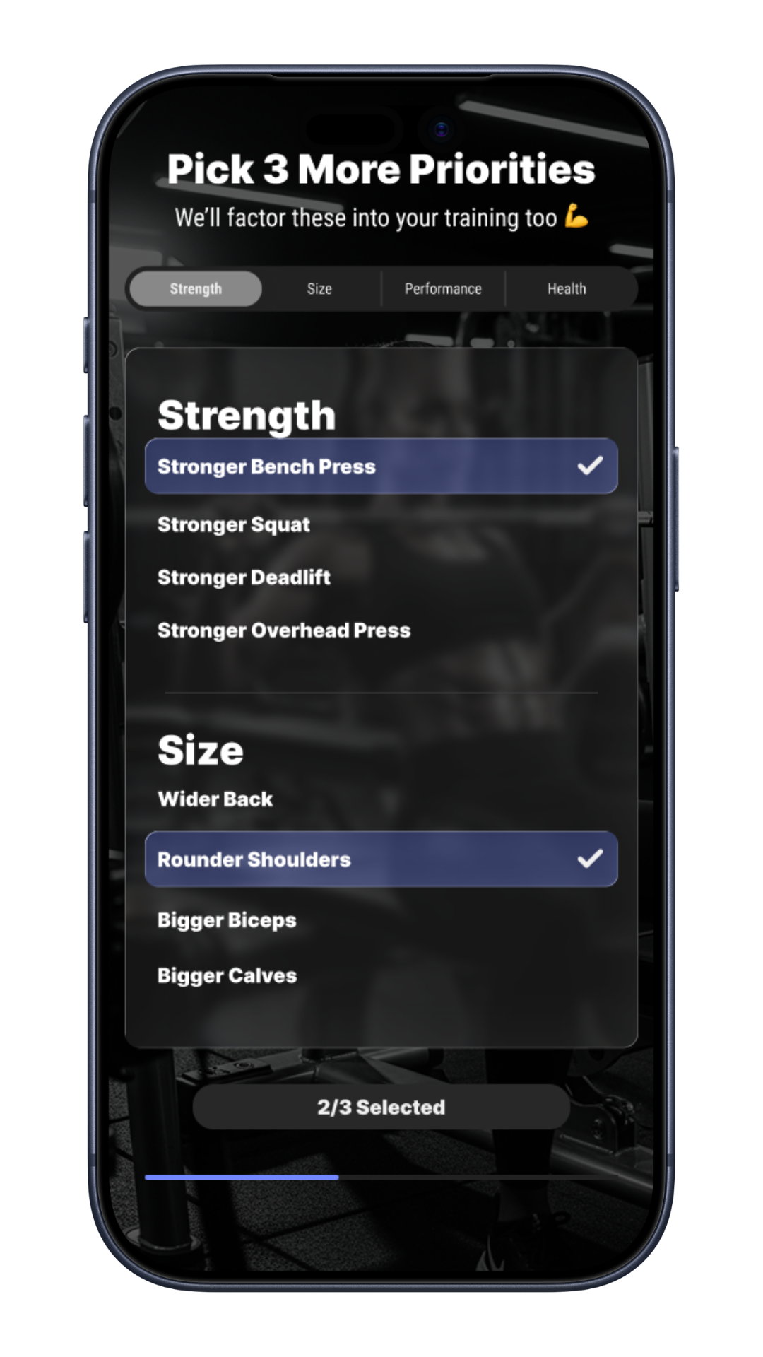 Phone screen showing Calibrex training app with priority fitness selection options.