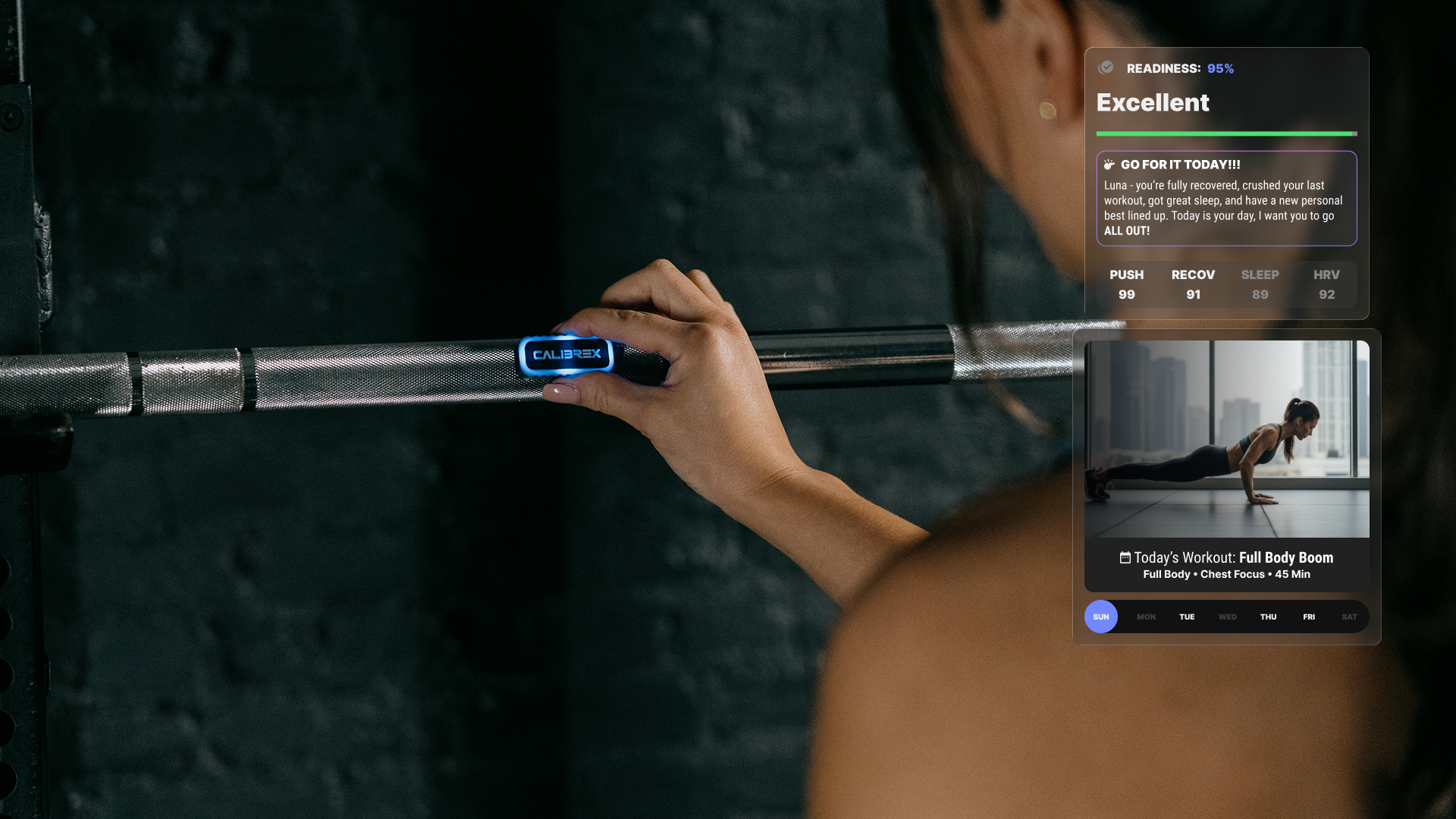 Person lifting weights with the Calibrex app displaying workout progress on a screen.