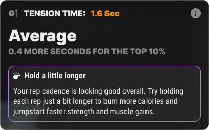 Calibrex fitness feedback screen with tension time and rep cadence advice.