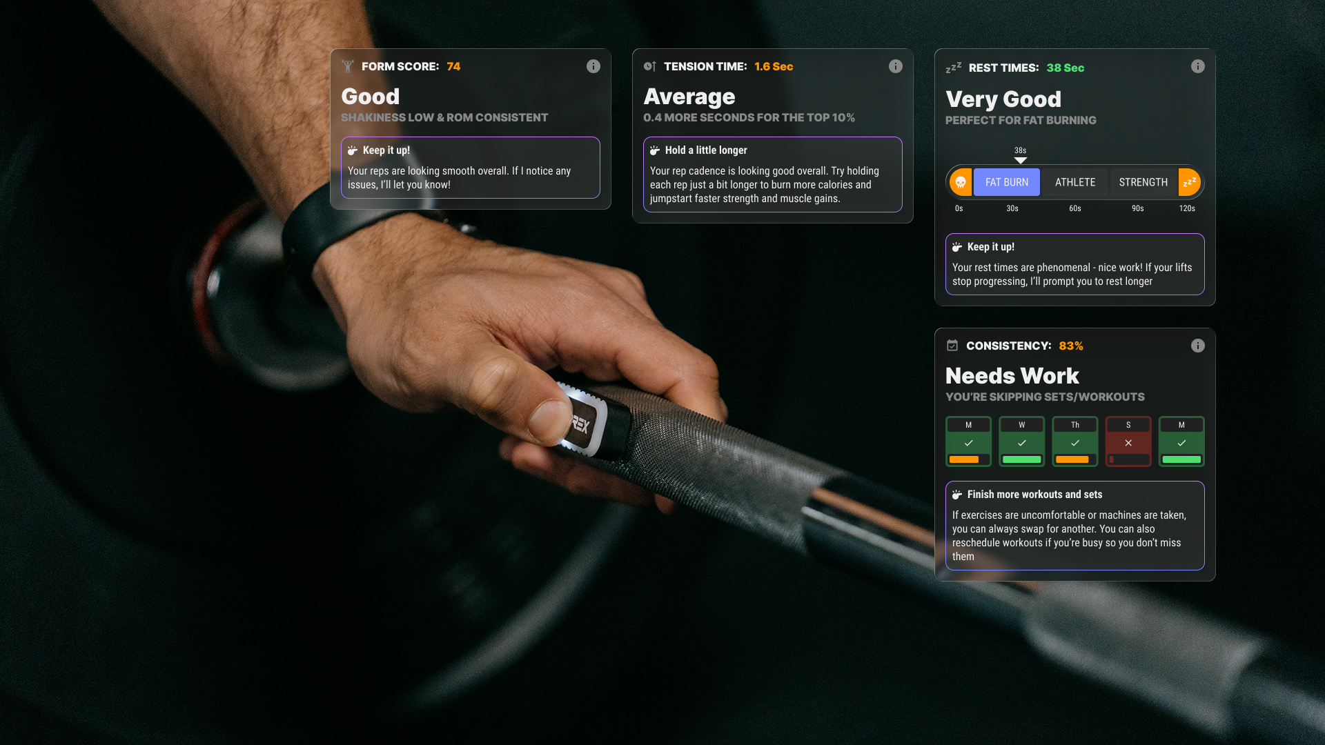 Hand holding a Calibrex fitness tracker with digital fitness metrics displayed on a screen.