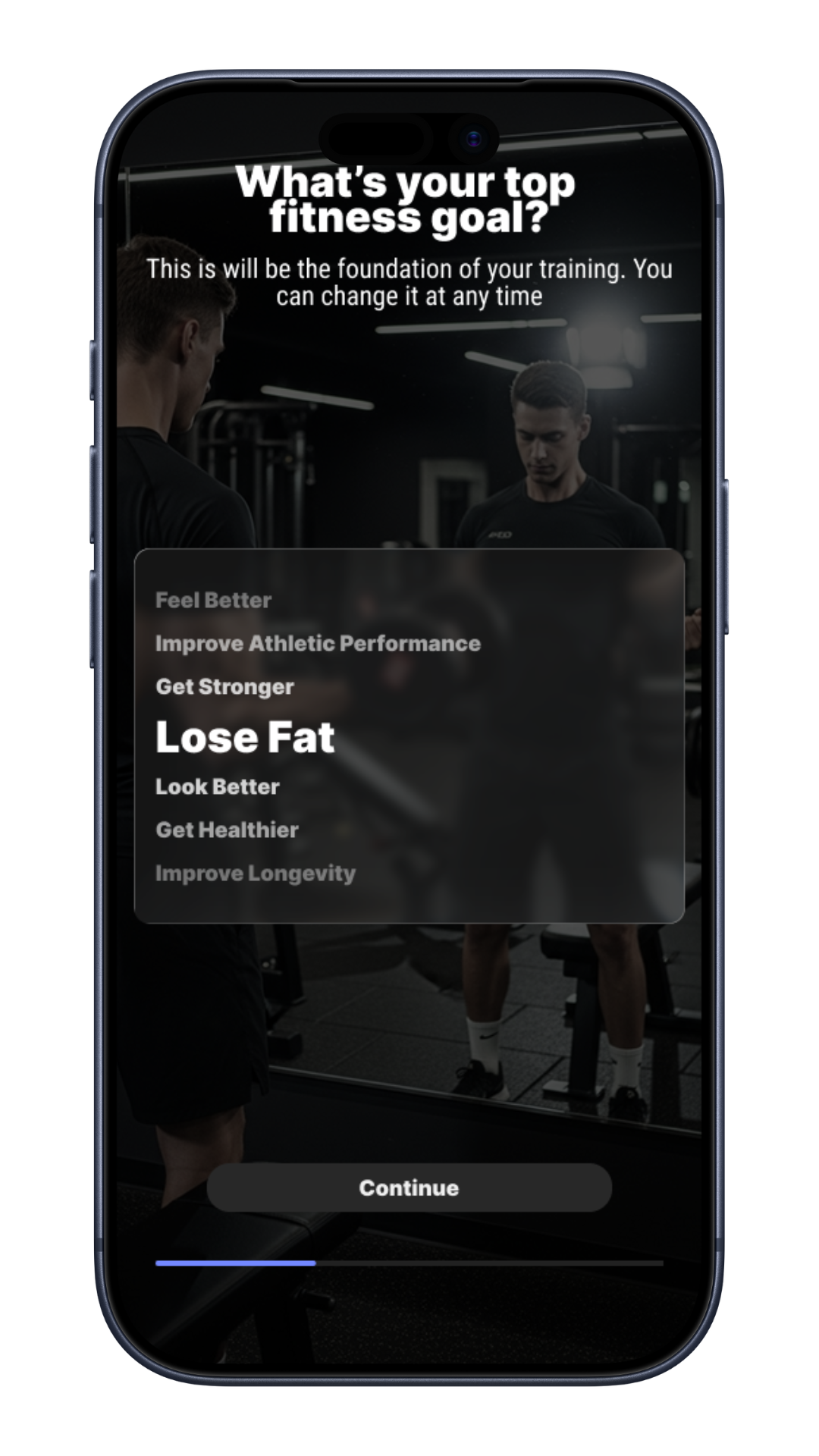 Phone screen displaying Calibrex fitness goal selection interface with gym background